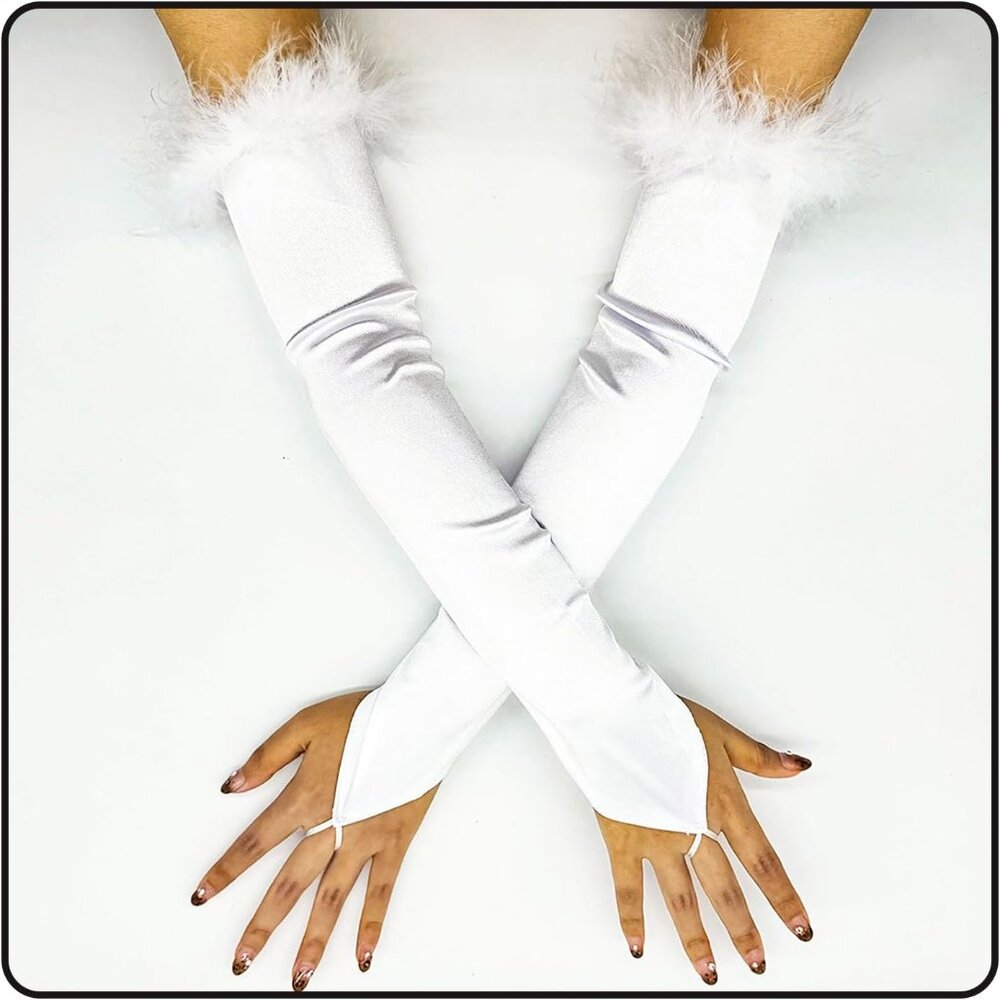 Women’s White Fingerless Long Length Satin Gloves Halloween Wedding Costume